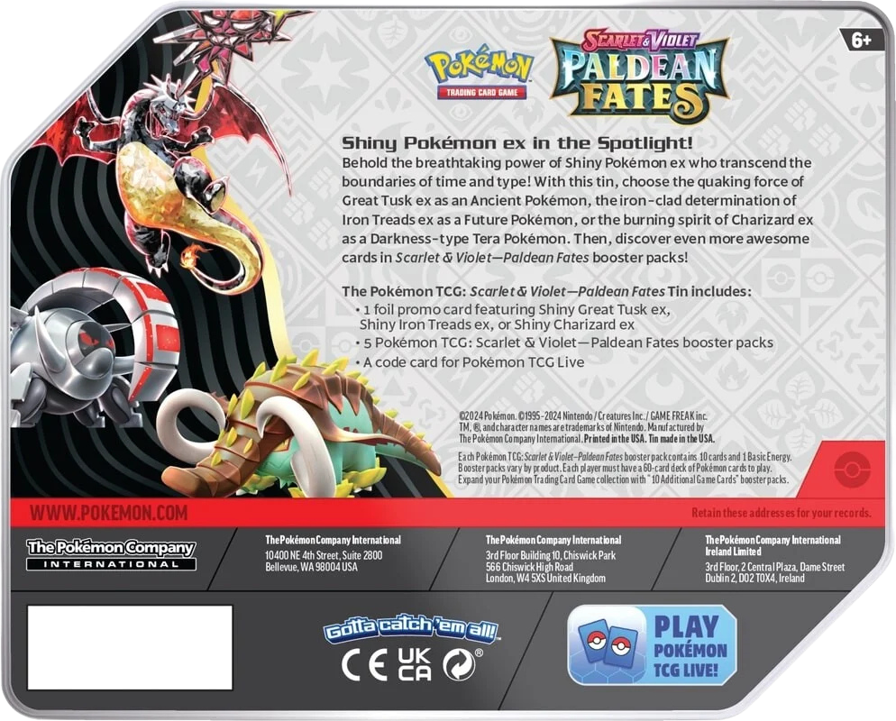 Pokémon Scarlet & Violet Paldean Fates Tin (Iron Treads Ex) | SV4.5 back