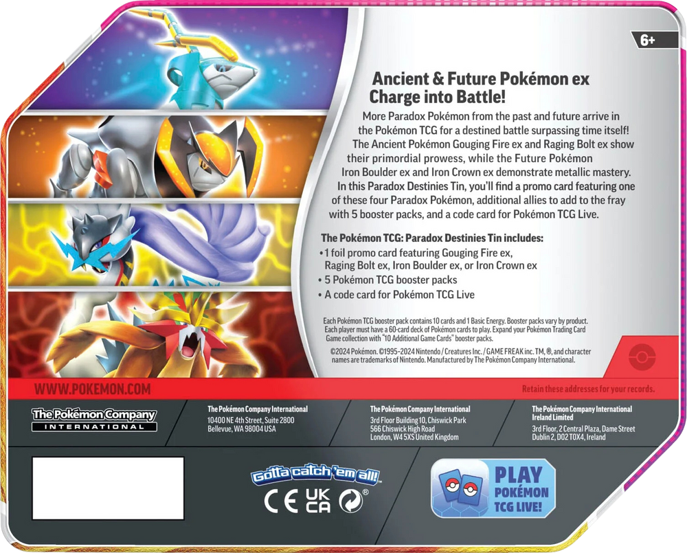 Pokémon Scarlet & Violet Paradox Destinies Tin (Iron Crown Ex) back