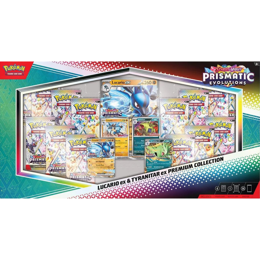 Pokémon Scarlet &amp; Violet Prismatic Evolutions Lucario Ex &amp; Tyranitar Ex Premium Collection Box | SV8.5